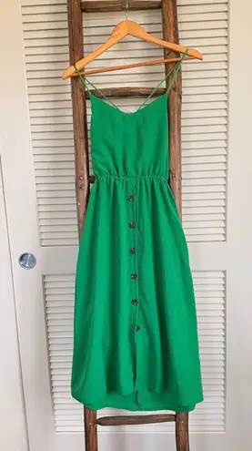 Green Midi Dress Sleeveless Sundress Button Front Tie Back Casual Summer