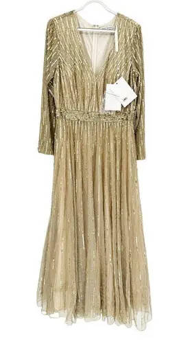 Mac Duggal 4977 Gold Sequin Beaded Illusion Sleeve Gown 4 NWT