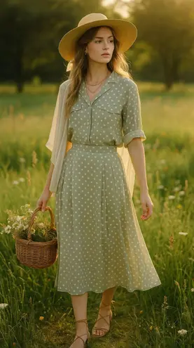 Vintage CHAU 80s Sage Green Polka Dot Rayon Button Top Midi Skirt Set Size 12