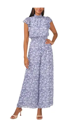 MSK Jumpsuit Women XL Flutter Sleeve Smocked Blue White Wide Leg Wedding Guest