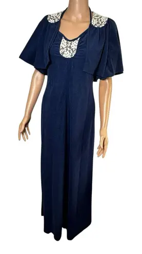 Vtg Blue Dress W/ Shrug 70s 80s Maxi Lace Bell Sleeve Halter Boho Hippie Regency Size 8