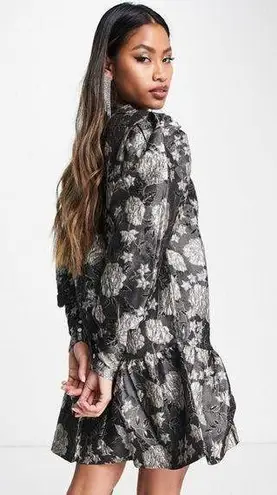 River Island Size 4 US Black & Ivory Puff Sleeve Drop Waist Jacquard Dress NWT