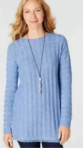 J Jill Fringe Knit Button Back Marled Tunic Sweater Blue Medium