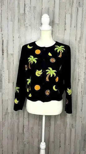 Vintage Emma Tricot Embroidered Beach Themed Cardigan Black Women's Small