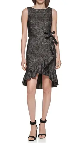 Calvin Klein Black Ruffled Zippered Tulip Front Self-belt Printed Sleeveless Dress