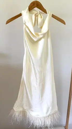 We Wore What NWT Silky Feather Hem Halter Mini Dress in Cream - XS