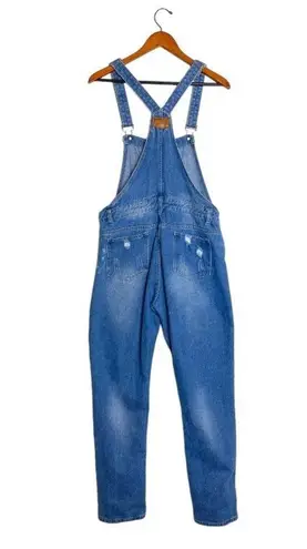 Vintage Y2K Straight Leg Medium Blue Denim Wash Distressed Bib Overalls