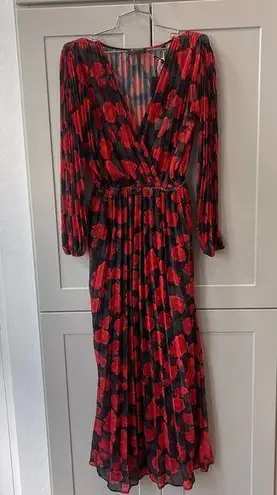 The Kooples  Floral Pleated Black Red Absract Roses Maxi Longsleeve Dress Scarf