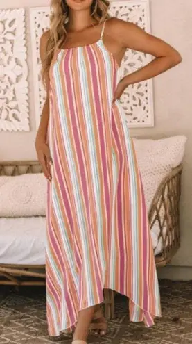 The Lace Daisy NEW Colorful Striped Spaghetti Strap Handkerchief Hem Maxi Dress Size Large