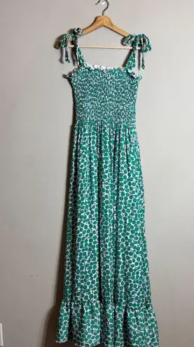 Summersalt Silky Luxe Smocked Maxi Dress Womens Medium Green Printed Bows Ruffle