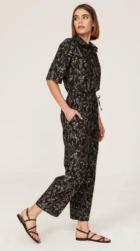 Thakoon Printed Utility Wide Leg Short Sleeve Collared Silk Jumpsuit Size Large Black