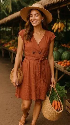 Luxology NWTs Rust Linen Dress Summer Spring Minimalist Button V Neck Boho Beach