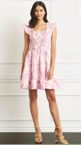 Hill House Home Elizabeth Nap Mini Dress Smocked Ruffle Pink Kaleidoscope Linen Size L