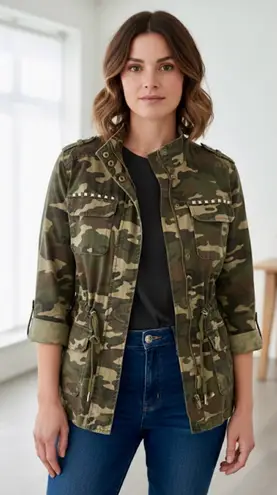 INC International Concepts Studded Camo Field Drawstring Jacket Womens Small Tan