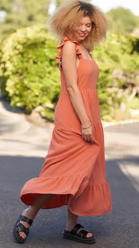 Comfy And Ready Reilly Ruffle Maxi Dress Size Small In Apricot