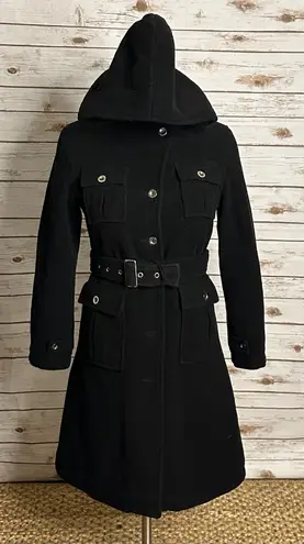 London Fog classic witchcore gothic black wool hooded belted overcoat Size 12