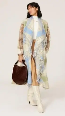 Cinq à Sept CINQ A SEPT Lita Fringe Plaid Green Off-White Wool Duster Coat Size Medium