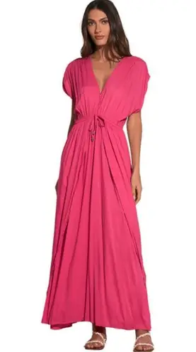 Elan 💕💕 Deep V-Neck Wrap Maxi Coverup Dress ~ Pink Large NWOT