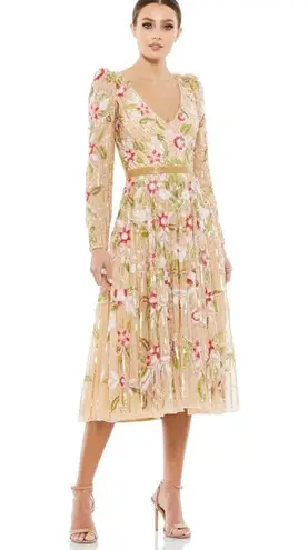 Mac Duggal 5415 Floral Tea Length Dress Sequin Beaded