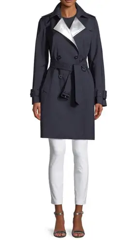 Elie Tahari Natania Contrast-Face Double-Breasted Trench Coat Jacket Blue NEW