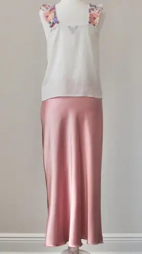 Versona / TIANA B Pink Floral Embroidered Linen Top and Midi Skirt Extra Small