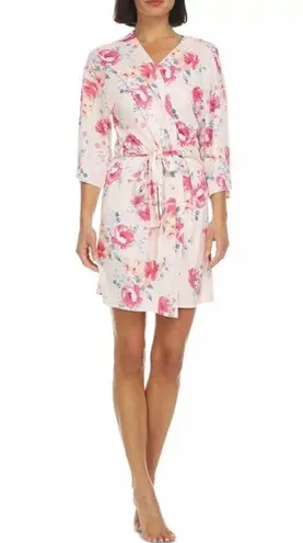 Flora Nikrooz Alisha Floral Short Wrap Tie Lounge Robe Pink White Size Small