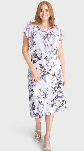 Connected Apparel Daphne Lavender Floral Chiffon Popover Dress, Petite Size 14