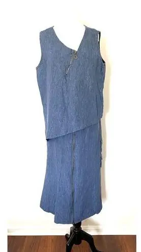 VTG IC Collection Lagenlook Asymmetrical Linen Chambray Zip Shirt Skirt Set XL Blue