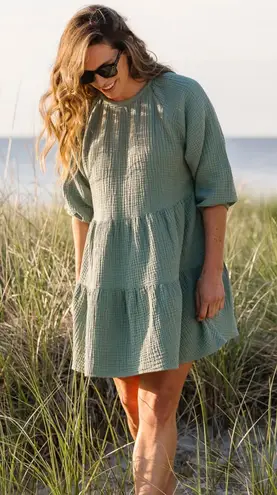 ALICE WALK The Organic Cotton Gauze Puff Sleeve
Dress Triple Gauze In Sage Sz Lg Green