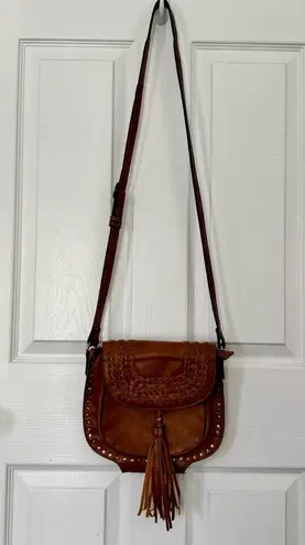 Antik Kraft Brown Boho Tassel Crossbody Bag with Stud Trim