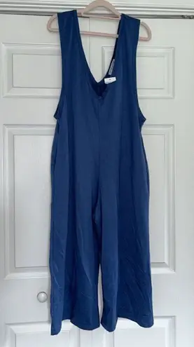 Cotton Emporium Blue Deep V Sleeveless Wide Leg Cropped Jumpsuit Lounge Size L