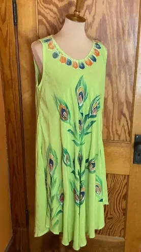 Vtg Y2K embroidered peacock feathers summer dress Green Size L