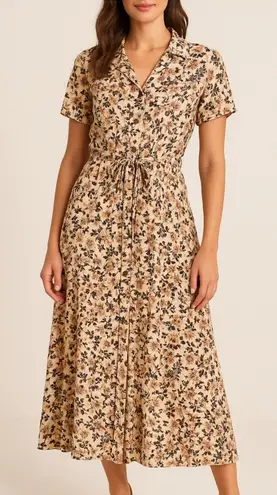 Aura Floral Boho Waist Tie Button Up Shirt Dress Size M Neutral Tones