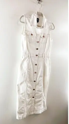 Gap  Cotton Sleeveless Collared Button Front Belted Denim Midi Dress White 2