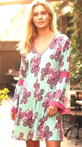 Velzera Mini Dress Tunic Green Pink Paisley Crochet Fringe Bell Sleeves SZ LG
