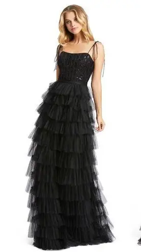 Mac Duggal Sequin Bustier Tier Tulle Gown in Black Size US 6