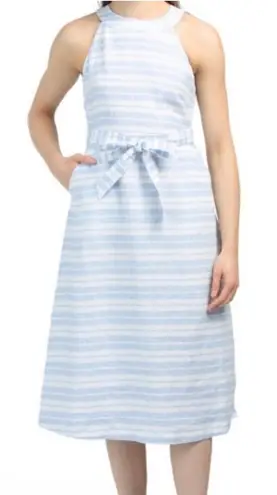 Sigrid Olsen 100% Linen Blue White Striped Halter Midi Summer Dress Size 4