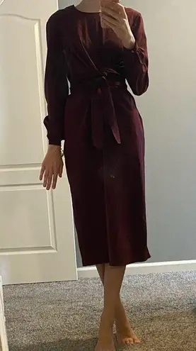 Tie front long sleeve midi dress in wine