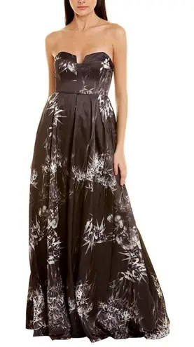 Sau Lee Olivia Strapless Long Maxi Gown Dress Floral Black Gray White 8