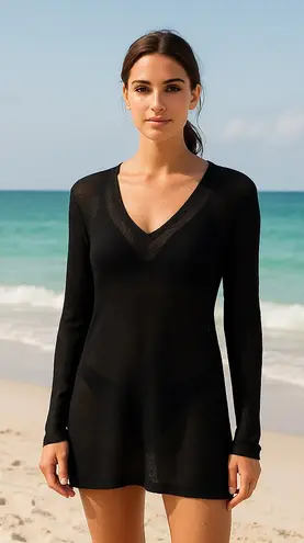J. McLaughlin Anne Long Sleeve V-Neck Tunic Black Cover Up NWT $188 MSRP