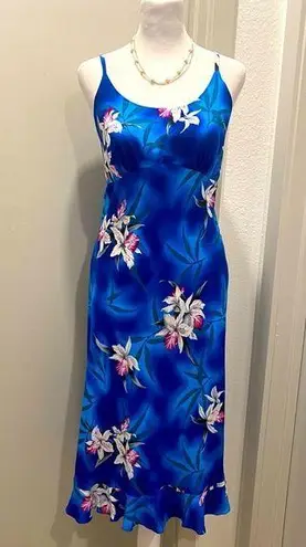 Palms VTG 90s Two Blue Hawaiian Floral Print Sleeveless Midi Maxi Slip Dress - S