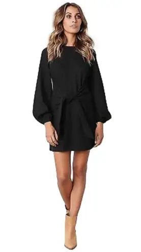 Fashion Dress Black Long Lantern Sleeve Crewneck Tie Waist Mini Dress Medium NEW