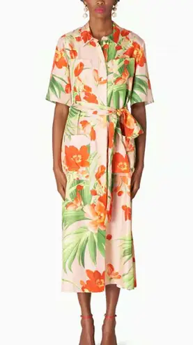 Carolina Herrera Shell Pink Tie Waist Floral Midi Shirt Dress