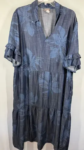 Chico’s BRUSHED PETALS CHAMBRAY BLUE MIDI SHIRT DRESS v neck collared ruffle sle Size XL