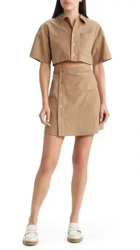 Moon River Short Sleeve Button Front Cut-out Shirred Shirt Mini Dress in Mocha
