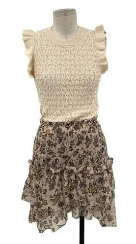 Anthropologie  Current Air Ruffle Crewneck Mini Sweater Dress Beige Size Small