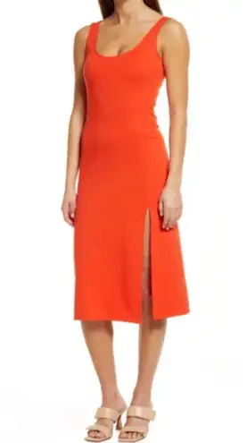 Open Edit Scoop Neck Orange Bodycon Midi Tank Dress Size XS NWOT Sleeveless.    Bodycon Midi Tank Dress in Orange Scoop Neck Sleeveless Front side slit Some Stretch 75% Polyester, 21% Viscose, 4% Spandex  Approximate measurements  pit to pit 28” waist 22” length 38”  casual comfortable summer work office school party vacation