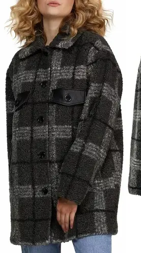 NVLT Plaid Faux Leather Trim Coat Gray Sherpa Shacket Size XL