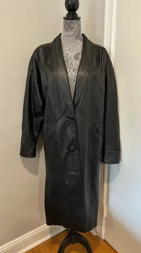Jacqueline Ferrar Vintage 90s Sz: S Black Leather Button Up Long Trench Coat.