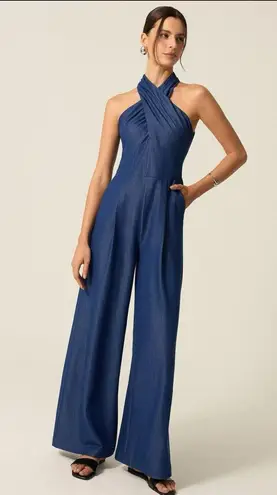Commense Pocketed Halter Wide Leg Jumpsuit Blue Size M